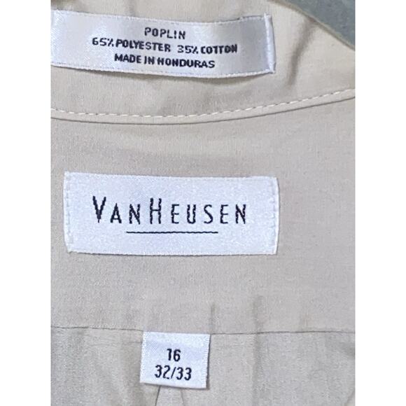 Van Heusen Poplin Tan Button Up Long Sleeve Shirt Size 16.5 32/33 Poly Blend - Picture 3 of 6